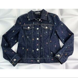 Liz Claiborne Womens Sz M Floral Embroidered Dark Blue Denim Jacket RARE